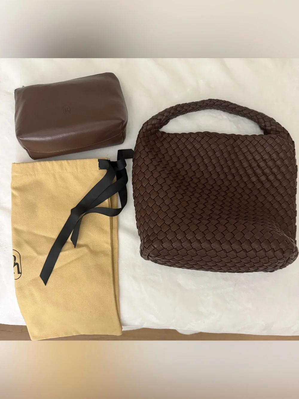 NWT Rylan Alt-Leather Small Woven Tote brown (with pouch and dust bag)